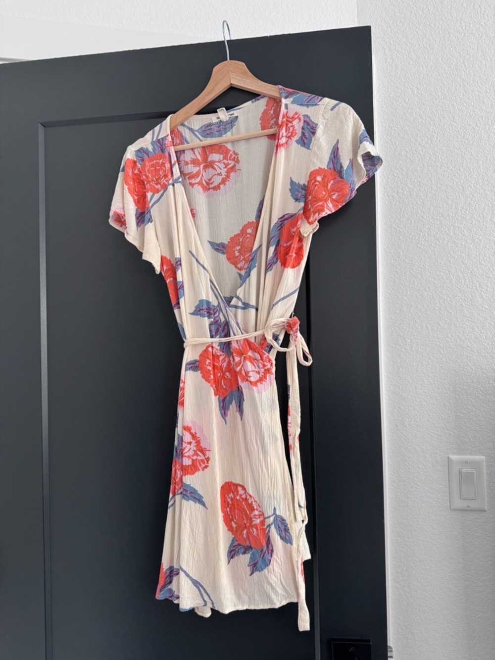 Billabong Cream Wrap Dress with Red Floral Print